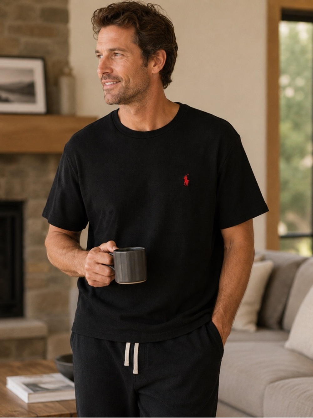 Polo Ralph Lauren Luxe Waffle Knit Lounge Tee | Black Cotton Sleepwear Top